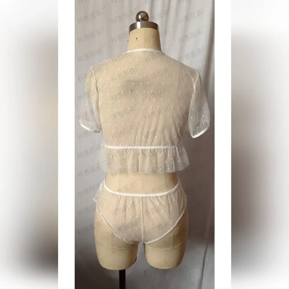 Women White Sexy 2Piece Dots Mesh Lingerie Set See Through Bra and Panty US